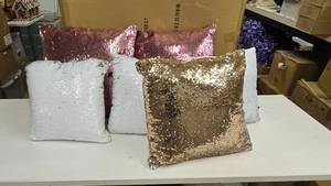lot 482 image: Lot of 6 Dual Tone Sequin Throw Pillows.  GoldSilver, WhiteSilver & PinkGold