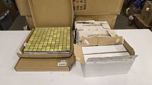 lot 492 image: Lot of Misc Tile.  Includes 2 Boxes of Gold Adhesive Back Tile & 3 Boxes of White Wall Tile (Made in Spain)