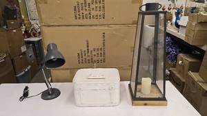 lot 495 image: Lot of Misc Dcor.  Includes Articulating Arm Desk Lamp, White Small Luggage Box & MetalWood Candle Lantern