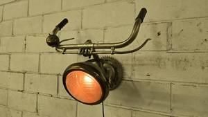 lot 505 image: ONE OF A KIND  Custom Built Wall Mounted Wall Light.  Made from vintage bicycle handle bar & old truck headlight.