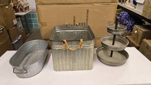 lot 509 image: Lot of 3 Galvanized Metal Dcor Items.  Includes 2 Buckets & 3-Tier Serving Tray