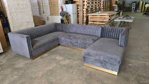lot 414 image: Beautiful 3 Piece U-Shaped Sectional Sofa.  Ash Blue w Gold Trim