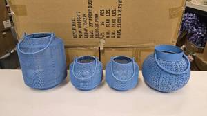 lot 522 image: Lot of 4 Matching Sky Blue Lantern Style Candle Holders