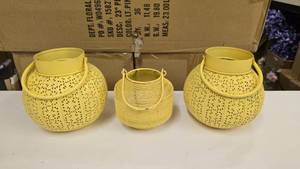 lot 523 image: Lot of 3 Matching Yellow Lantern Style Candle Holders