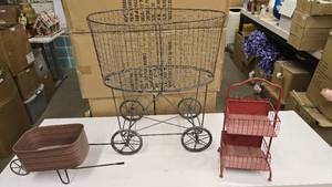 lot 570 image: Lot of 3 Misc Metal Dcor Items.  Includes Wire Rolling Basket & More