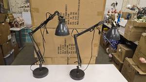 lot 572 image: Pair of Matching Graphite & Brass Articulating Arm Desk Lamps w USB Port