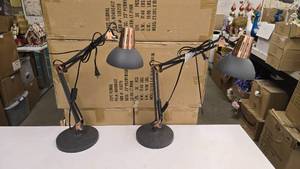 lot 574 image: Pair of Leopower Graphite & Copper Articulating Arm Desk Lamps
