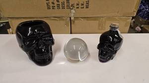lot 581 image: Pair of Glass Skeleton Skulls & Crystal Ball.  Crystal Ball Has Been Tested.
