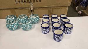 lot 600 image: Lot of Candle Votives.  Includes 5 Glass & Teal Round & 10 Ceramic Cobalt
