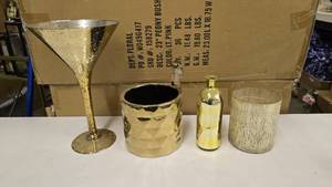 lot 629 image: Lot of Misc Gold Dcor.  Incldues HUGE Mercury Glass Style 13 Martini Glass