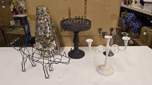 lot 634 image: Lot of Misc Dcor.  Includes 2 Candelabras, Tall Decorative Platter, Glass Vase & Metal Rhino Wire Art
