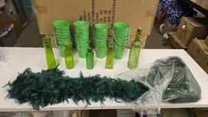 lot 640 image: Green Lot.  Includes Green Feather Boax, Glass & Metal Green Pails