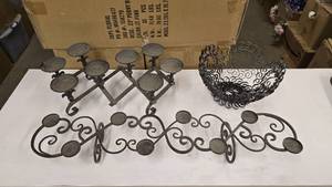 lot 671 image: Lot of Misc Metal Dcor.  Includes 2 Candle Holders & Metal Decorative Basket