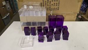 lot 684 image: Large Lot of Clear & Purple Acrylic Containers w Lid.  Misc Sizes