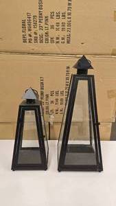 lot 721 image: Lot of 2 Matching Metal & Glass Candle Lanterns