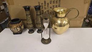 lot 759 image: Large Lot of Misc Brass Dcor.  Includes Large Brass Urn, Brass Engraved Vases, Hourglass & MORE