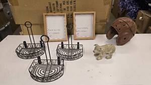 lot 773 image: Lot of Misc Dcor Items.  Includes Vintage Leather Football Helmet, Wall Dcor, Picture Holders & More