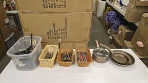 lot 776 image: Lot of Misc Kitchen Items.  Includes Pans, Lots of Silverware & Cooking Utensils