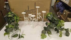 lot 785 image: Pair of Matching Artificial Plants & White Candle  Holder