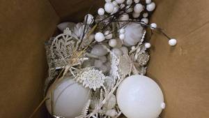 lot 832 image: Large Box Full of Misc White Themed Christmas Tree Ornaments