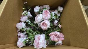 lot 833 image: Large Box Full of Ashland Artificial Pink Peony Bush Flower.  Box is 24 x 24 x 30