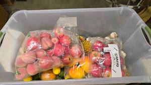 lot 885 image: Large Tote Full of Misc Artificial Fruit & More