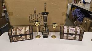 lot 944 image: Lot of Misc Dcor.  Includes 2 Storage Boxes, 2 Brass Candle Votives & Brass Indian Engraved Vase