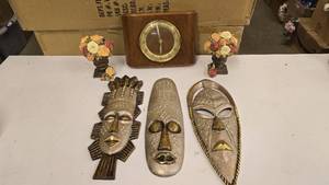 lot 945 image: Lot of Misc Dcor.  Includes 3 African Wall Art Masks, Vintage Anker Wall Clock & More