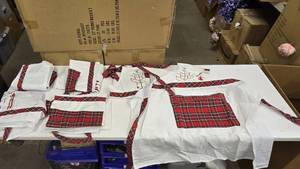 lot 950 image: Lot of 6 White & Plaid Cotton Aprons w Cross Stitched Christmas Tree & Santa