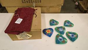 lot 952 image: Lot of 6 Hand Painted Heart Ornaments & Box of Wine Bottle Gift Bags (Approx 82 Bags)