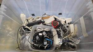 lot 990 image: Large Tote of Misc Electronics, LED Light Strips & MORE