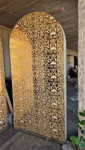 lot 1017 image: Beautiful White w Clear Gold Arcylic Backdrop Arched Panel.  Panel 8 tall, has steel base and is free standing.