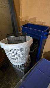 lot 1059 image: Large Lot of Misc Trash Cans.  Includes Metal, Plastic & Blue Recycling
