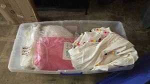 lot 1060 image: Large Lot of Round Table Covers & Misc Fabric.  Includes Everything In Tote