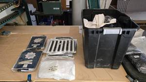 lot 1063 image: Large Tote Full of Misc Table Cloths, Table Runners, Fabric & Striped Blackout Curtains
