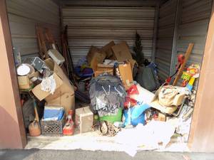 lot 62 image: STORAGE UNIT (M) - YARD TOOLS, GAS CAN, LADDER, SAW ORSES, CHAINS, SUITCASE, FAN, TOYS, CHRISTMAS PLUS