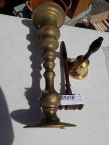 lot 261 image: CANDLE HOLDER, HAND BELL, WOODEN JUDGES HAMMER