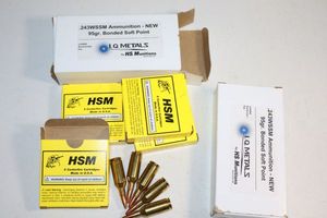 lot 19 image: HS Munitions .243 WSSM ammo, 95 gr bonded soft point - 39 cartridges total