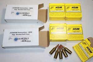 lot 38 image: HS Munitions .243 WSSM ammo, 95 gr bonded soft point - 40 cartridges total