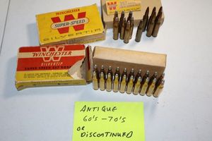 lot 53 image: Antique 60s-70s or discontinued ammo  1 box of Winchester silvertip 257 Roberts, and 1 mixed partial box as shown