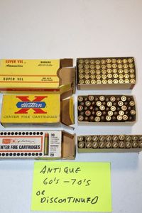 lot 54 image: Antique 60s-70s or discontinued ammo  1 box of Center fire cartridges 110 gr. hollow soft point, and 1 box of Western 380 auto 95 gr. , and 1 box of Super Vel 380 ACP 9mm short 88 gr. as shown