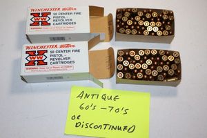lot 59 image: Antique 60s-70s or discontinued ammo  2 boxes of Winchester pistol revolver cartridges 30 Luger 93 gr.
