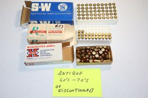lot 61 image: Antique 60s-70s or discontinued ammo  1 partial box Winchester 380 auto 95 gr., 1 partial box of Remington 5mm 38 gr. hollow points, and 1 box of S&W 380 auto 84 gr. JHP