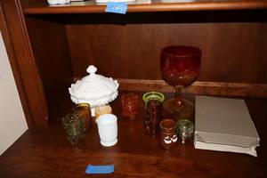 lot 43 image: Fenton White glass hobnail compote, carnival glass goblet, Colored glass votive candle holders (one is Vaseline glass)