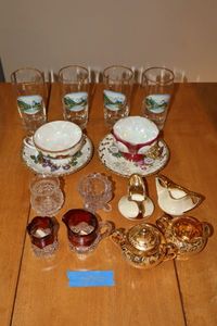 lot 209 image: Vintage gold trim tea cups and saucers, creamer and sugar bowls, small cranberry glass set, see photos