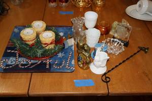 lot 210 image: Christmas plate and votives, vintage and antique votive holders, vintage ceramic match holder and more