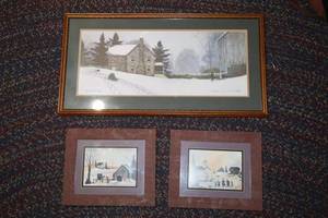 lot 204 image: Wall art - Limited edition by Kathleen Cope Ruoss sledding in the snow print, and snowy countryside prints