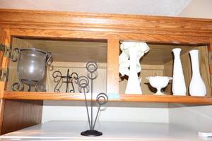 lot 98 image: White glass vases and black wire card and candle holders