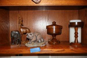 lot 105 image: Wood compote and pillar candle holder plus animal figurines