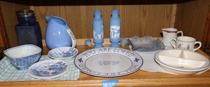 lot 131 image: Blue and white dishes vintage Salem childs dish and cup, Avon bottles, Countryside Wedgewood dishes and more